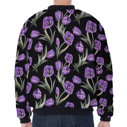 Purple Watercolor Tulip Pattern Print Zip Sleeve Bomber Jacket