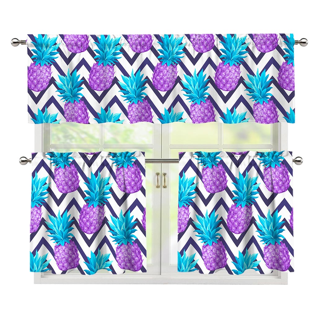 Purple Zig Zag Pineapple Pattern Print 3 Piece Kitchen Curtains