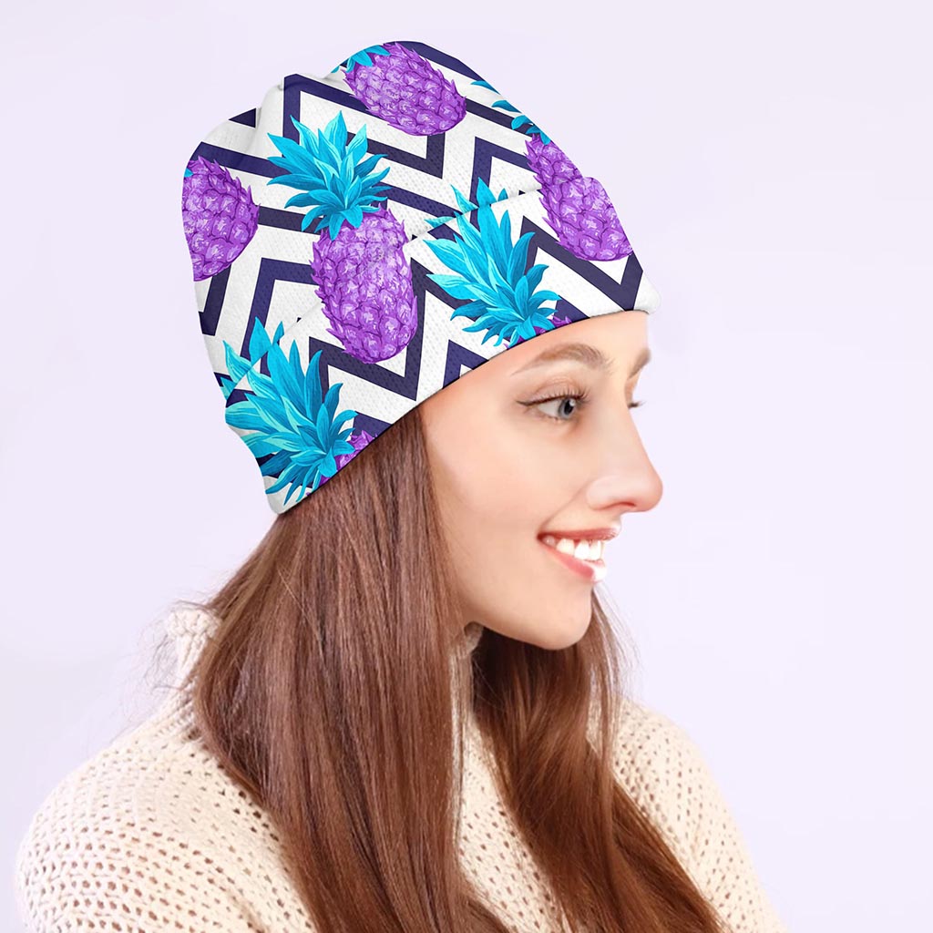 Purple Zig Zag Pineapple Pattern Print Beanie