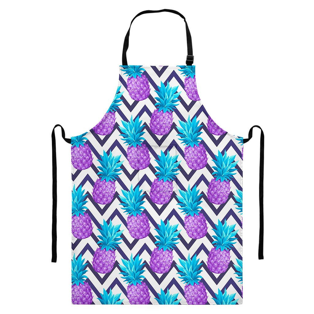 Purple Zig Zag Pineapple Pattern Print Bib Apron With Pocket