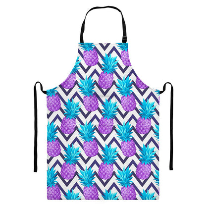 Purple Zig Zag Pineapple Pattern Print Bib Apron With Pocket