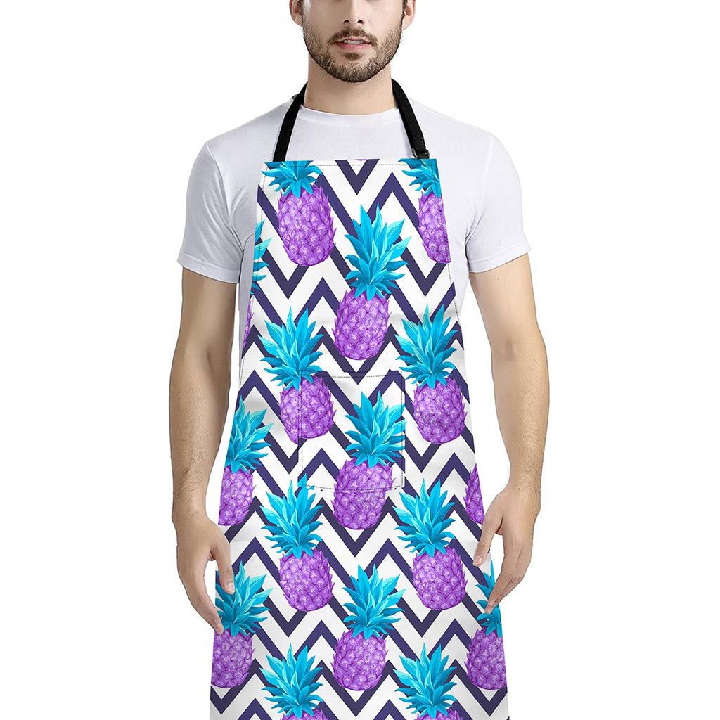 Purple Zig Zag Pineapple Pattern Print Bib Apron With Pocket