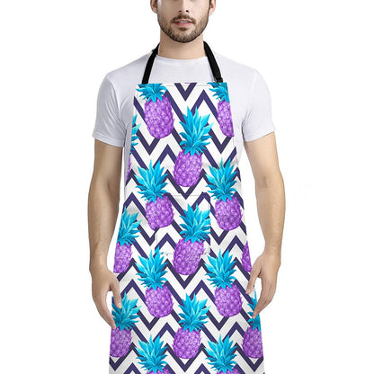 Purple Zig Zag Pineapple Pattern Print Bib Apron With Pocket