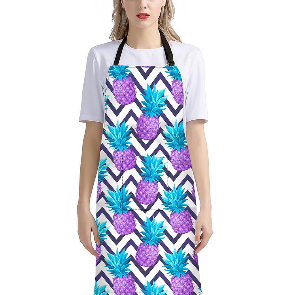 Purple Zig Zag Pineapple Pattern Print Bib Apron With Pocket