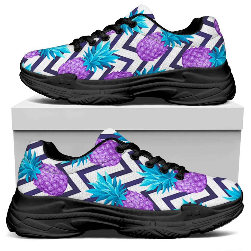 Purple Zig Zag Pineapple Pattern Print Black Chunky Shoes