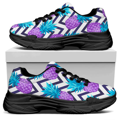 Purple Zig Zag Pineapple Pattern Print Black Chunky Shoes
