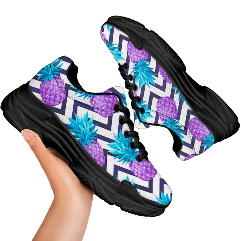 Purple Zig Zag Pineapple Pattern Print Black Chunky Shoes