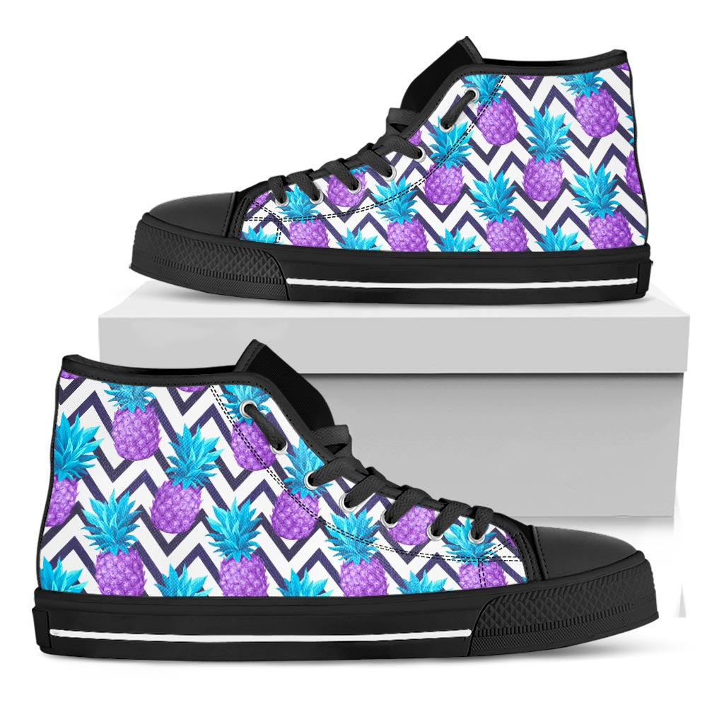 Purple Zig Zag Pineapple Pattern Print Black High Top Sneakers