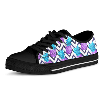 Purple Zig Zag Pineapple Pattern Print Black Low Top Sneakers