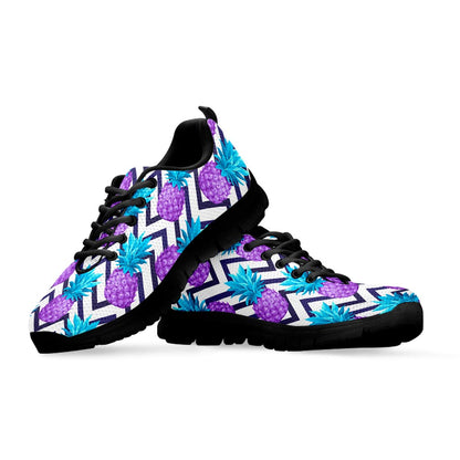 Purple Zig Zag Pineapple Pattern Print Black Running Shoes