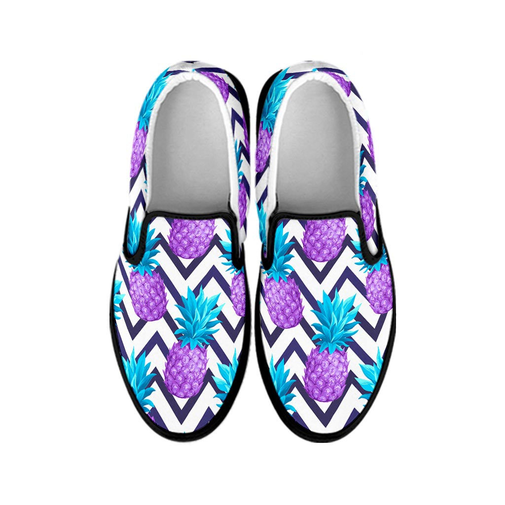 Purple Zig Zag Pineapple Pattern Print Black Slip On Sneakers
