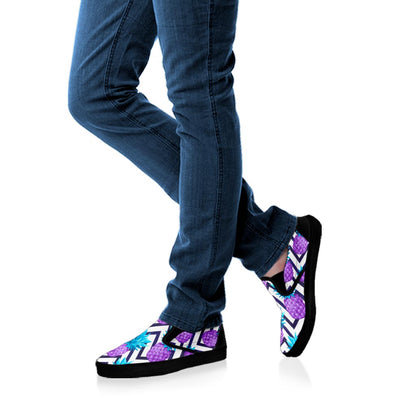Purple Zig Zag Pineapple Pattern Print Black Slip On Sneakers