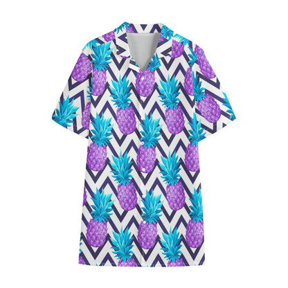 Purple Zig Zag Pineapple Pattern Print Cotton Hawaiian Shirt