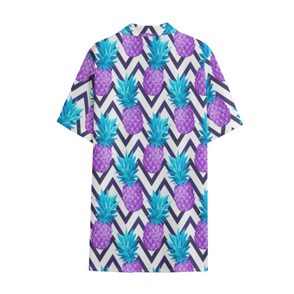 Purple Zig Zag Pineapple Pattern Print Cotton Hawaiian Shirt