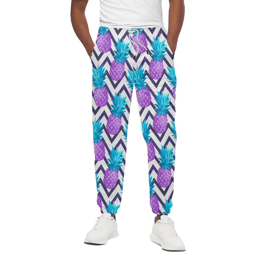 Purple Zig Zag Pineapple Pattern Print Cotton Pants