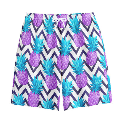 Purple Zig Zag Pineapple Pattern Print Cotton Shorts