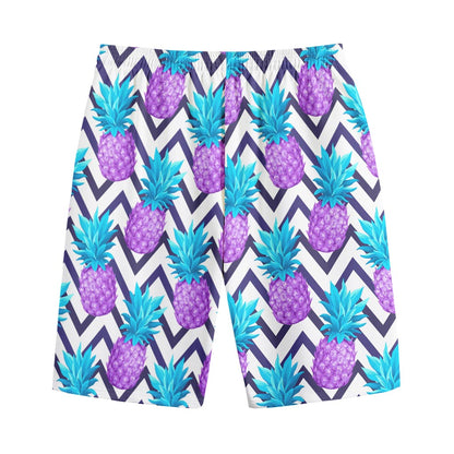 Purple Zig Zag Pineapple Pattern Print Cotton Shorts