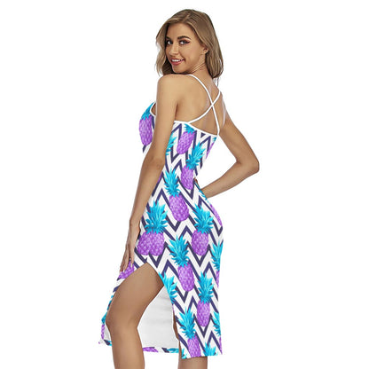 Purple Zig Zag Pineapple Pattern Print Cross Back Cami Dress