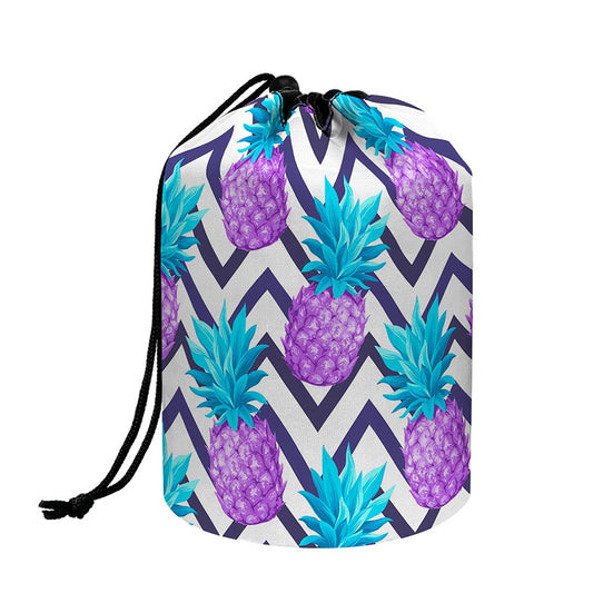 Purple Zig Zag Pineapple Pattern Print Drawstring Makeup Bag