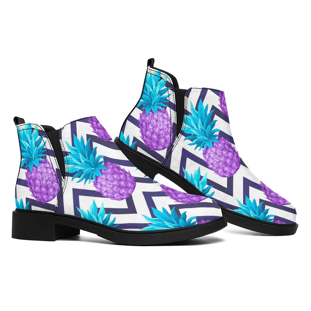 Purple Zig Zag Pineapple Pattern Print Flat Ankle Boots