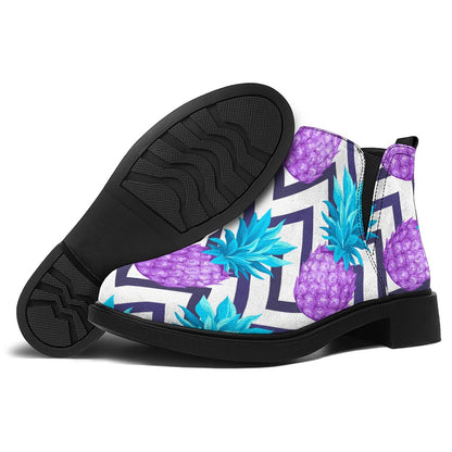 Purple Zig Zag Pineapple Pattern Print Flat Ankle Boots