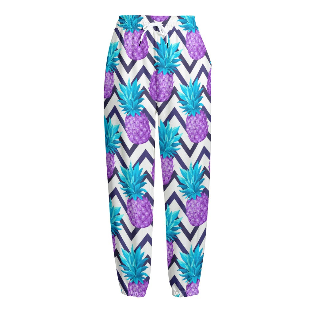 Purple Zig Zag Pineapple Pattern Print Fleece Lined Knit Pants
