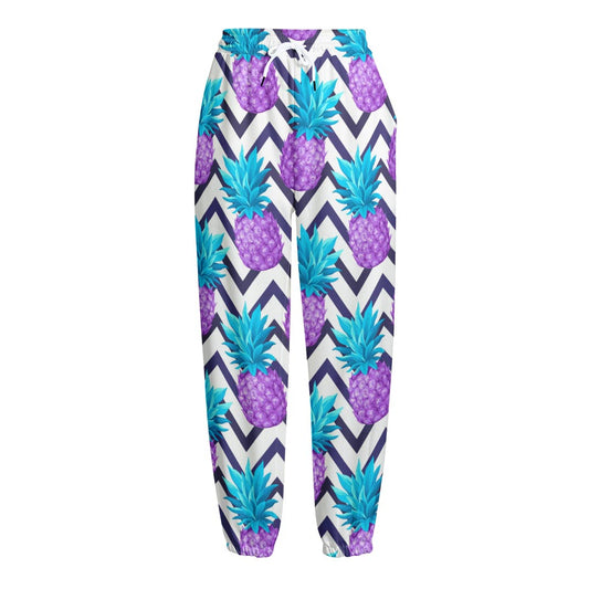 Purple Zig Zag Pineapple Pattern Print Fleece Lined Knit Pants