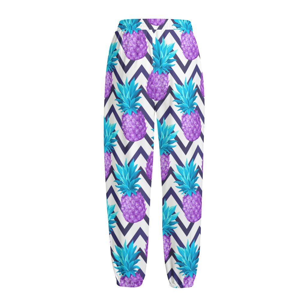 Purple Zig Zag Pineapple Pattern Print Fleece Lined Knit Pants
