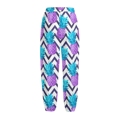 Purple Zig Zag Pineapple Pattern Print Fleece Lined Knit Pants