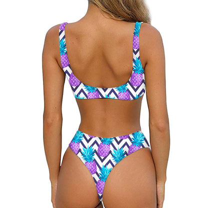 Purple Zig Zag Pineapple Pattern Print Front Bow Tie Bikini