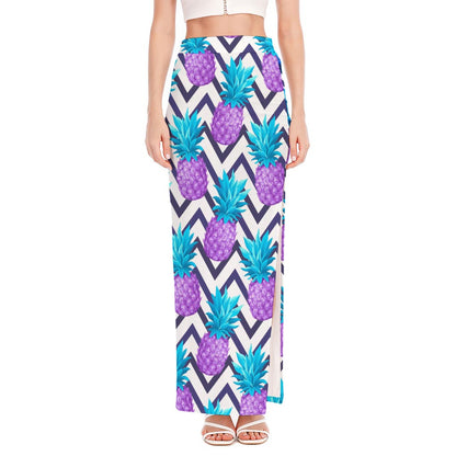 Purple Zig Zag Pineapple Pattern Print High Slit Maxi Skirt