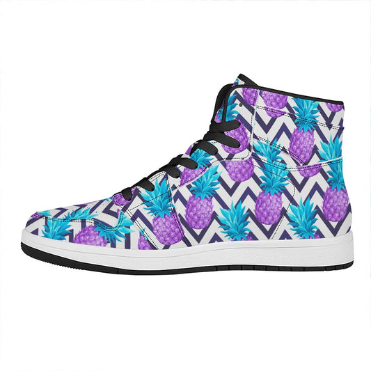 Purple Zig Zag Pineapple Pattern Print High Top Leather Sneakers