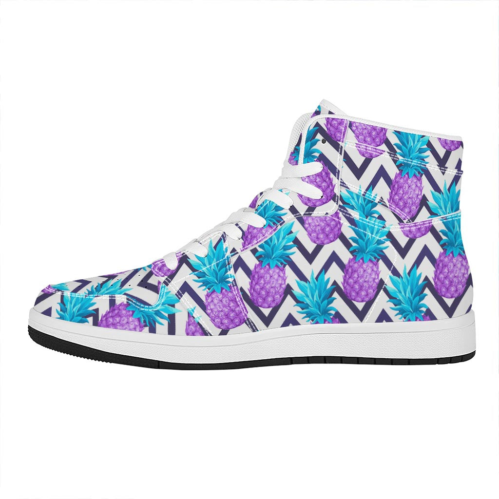 Purple Zig Zag Pineapple Pattern Print High Top Leather Sneakers