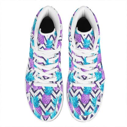 Purple Zig Zag Pineapple Pattern Print High Top Leather Sneakers