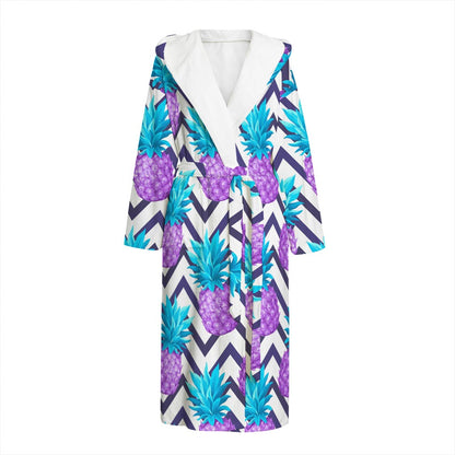 Purple Zig Zag Pineapple Pattern Print Hooded Bathrobe