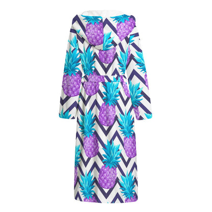 Purple Zig Zag Pineapple Pattern Print Hooded Bathrobe