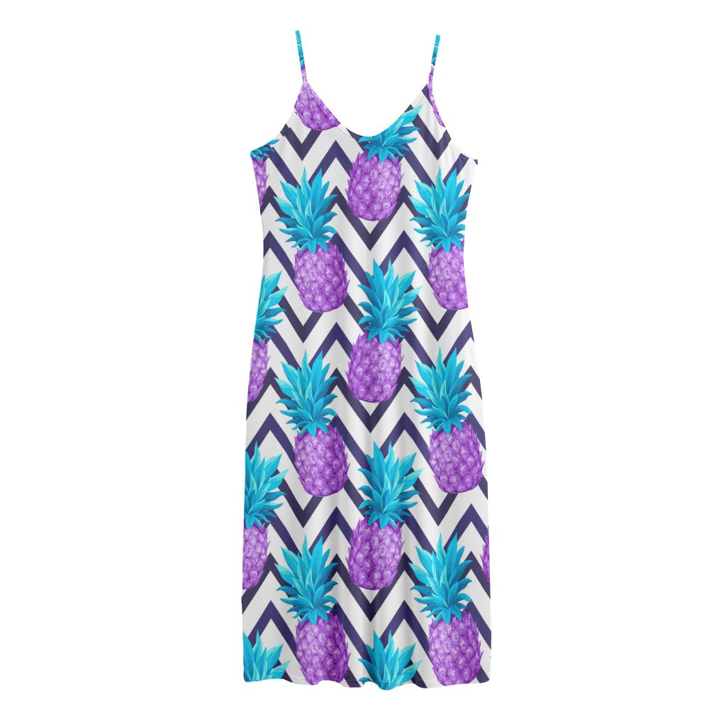 Purple Zig Zag Pineapple Pattern Print Jersey Midi Cami Dress