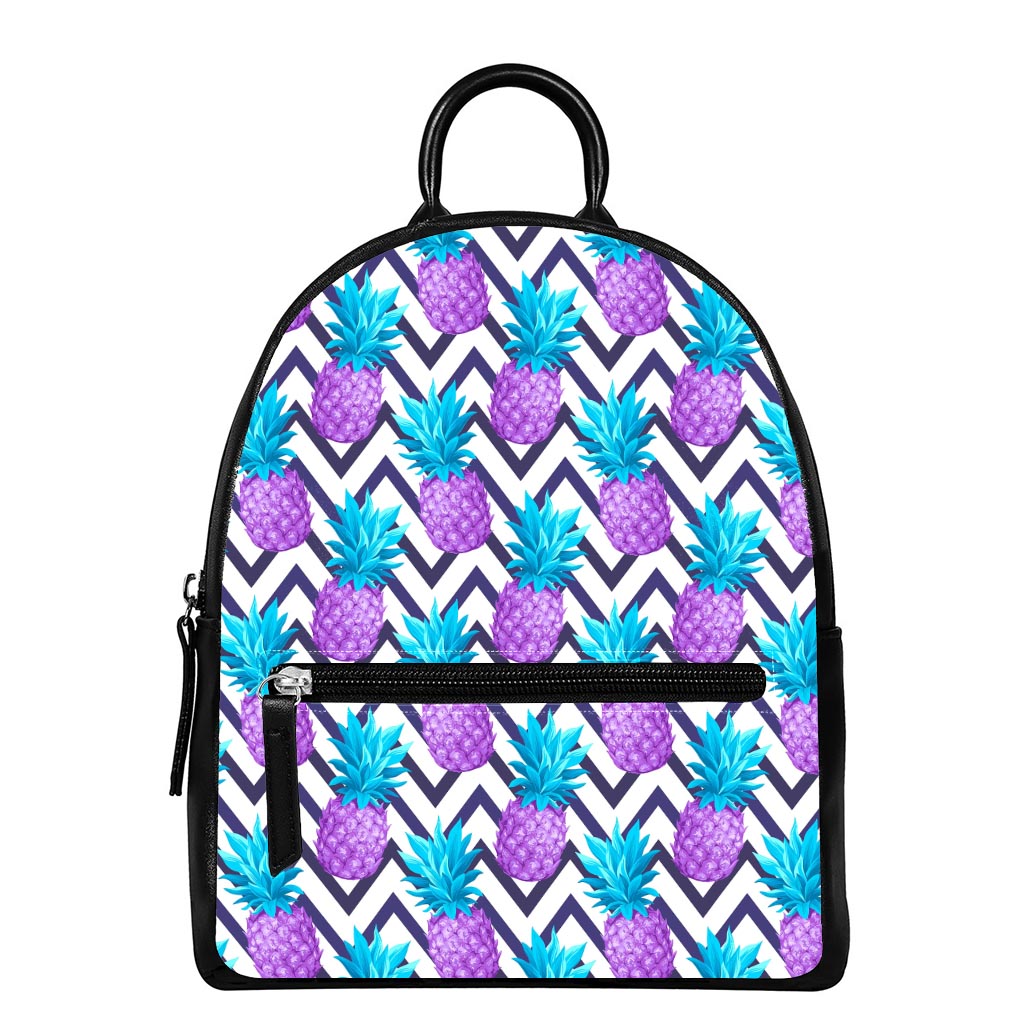 Purple Zig Zag Pineapple Pattern Print Leather Backpack