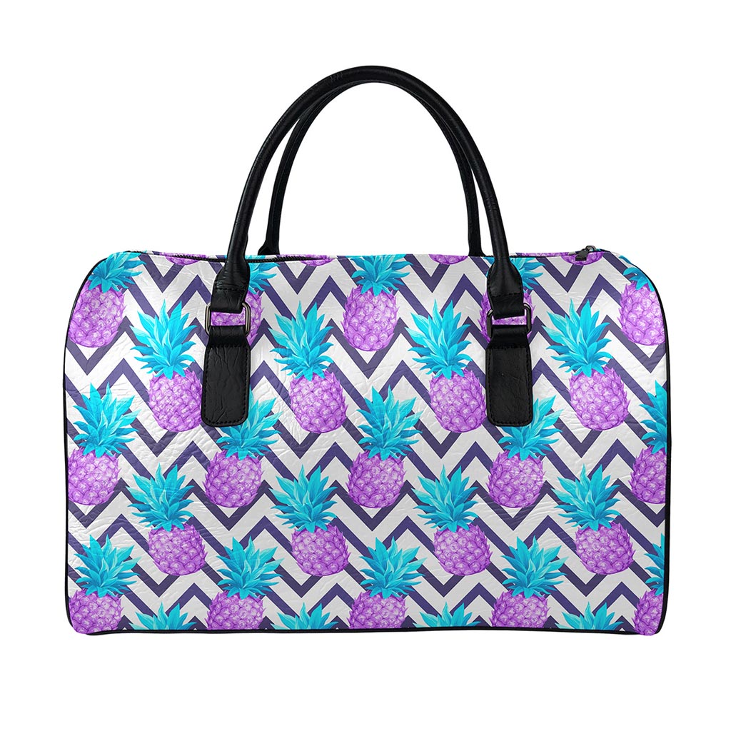 Purple Zig Zag Pineapple Pattern Print Leather Duffle Bag