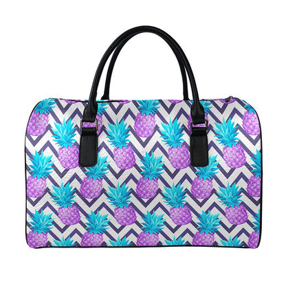 Purple Zig Zag Pineapple Pattern Print Leather Duffle Bag