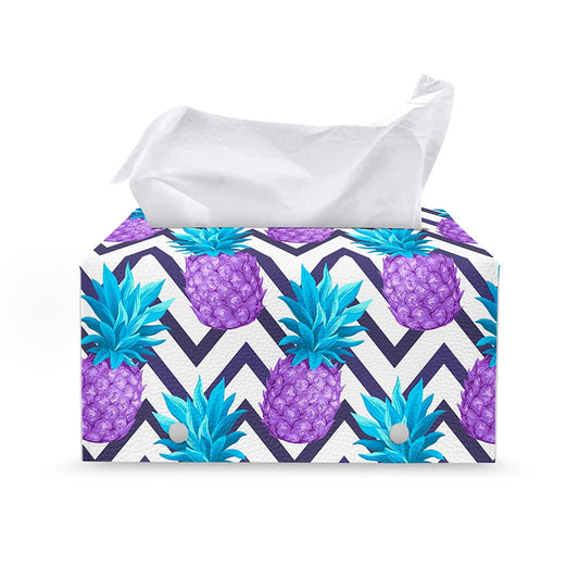 Purple Zig Zag Pineapple Pattern Print Leather Tissue Box Cover