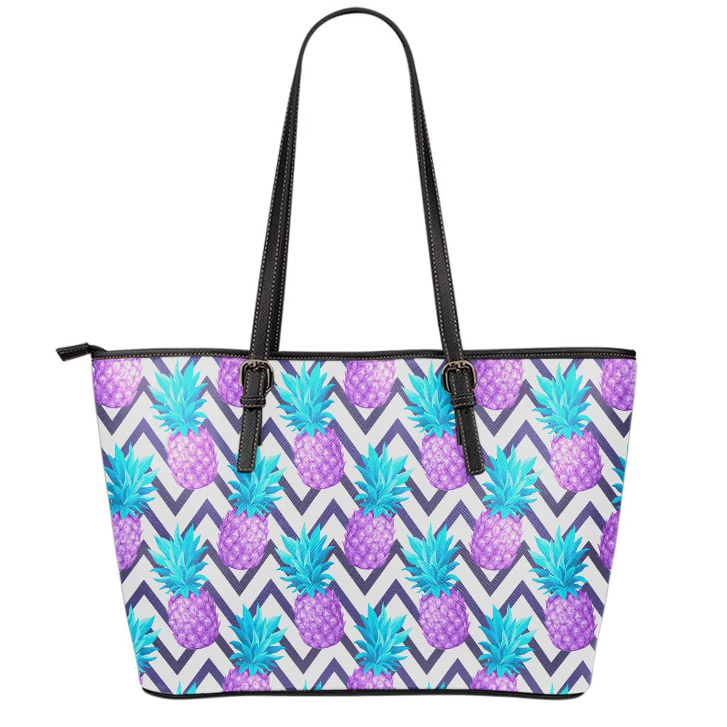 Purple Zig Zag Pineapple Pattern Print Leather Tote Bag