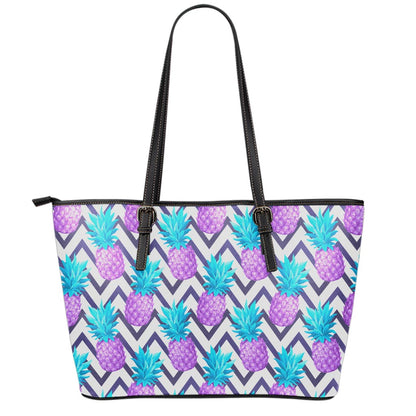 Purple Zig Zag Pineapple Pattern Print Leather Tote Bag