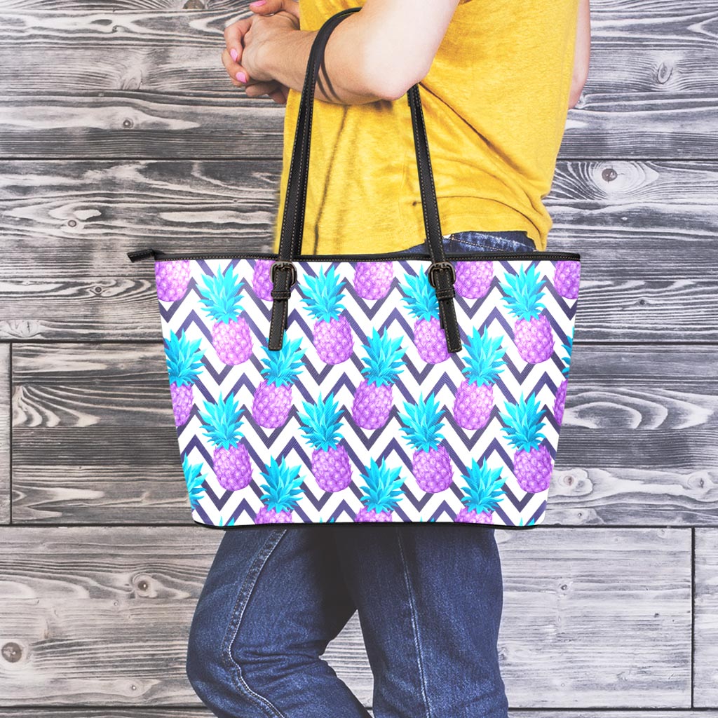 Purple Zig Zag Pineapple Pattern Print Leather Tote Bag