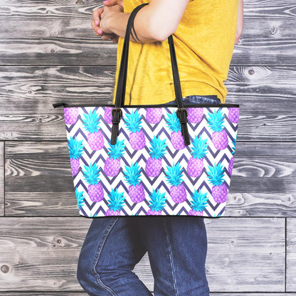 Purple Zig Zag Pineapple Pattern Print Leather Tote Bag