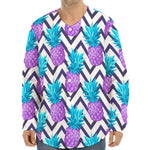 Purple Zig Zag Pineapple Pattern Print Long Sleeve Baseball Jersey