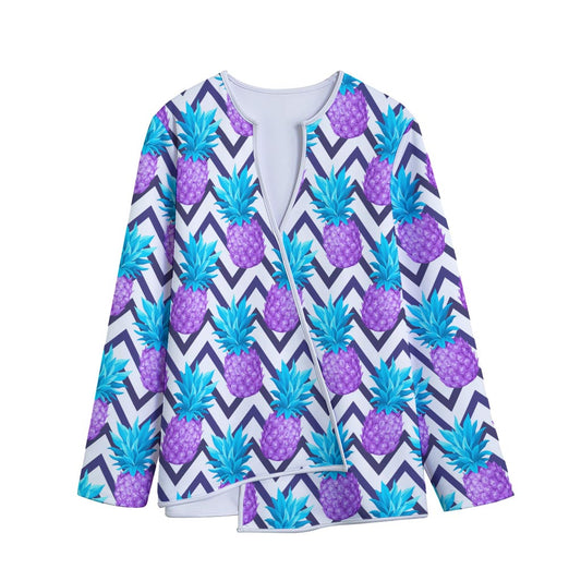 Purple Zig Zag Pineapple Pattern Print Long Sleeve Short Coat