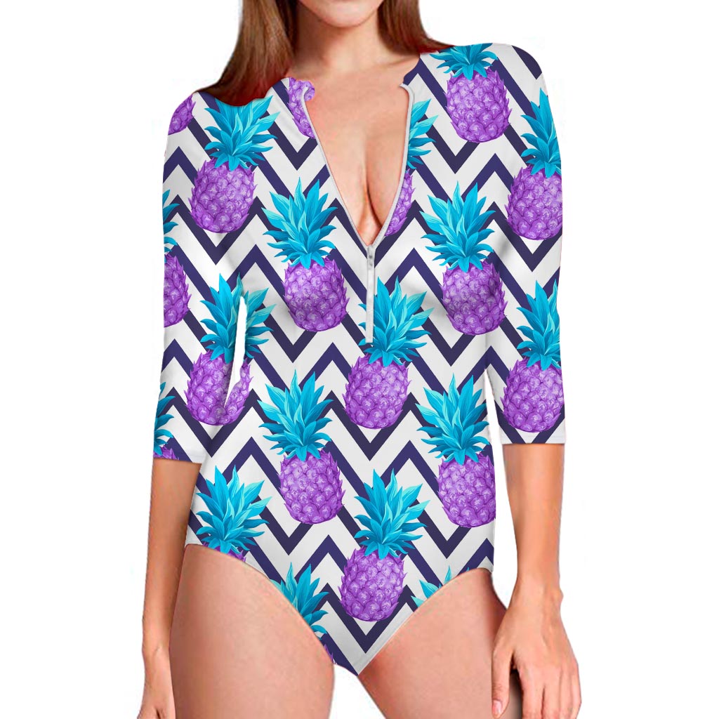 Purple Zig Zag Pineapple Pattern Print Long Sleeve Swimsuit