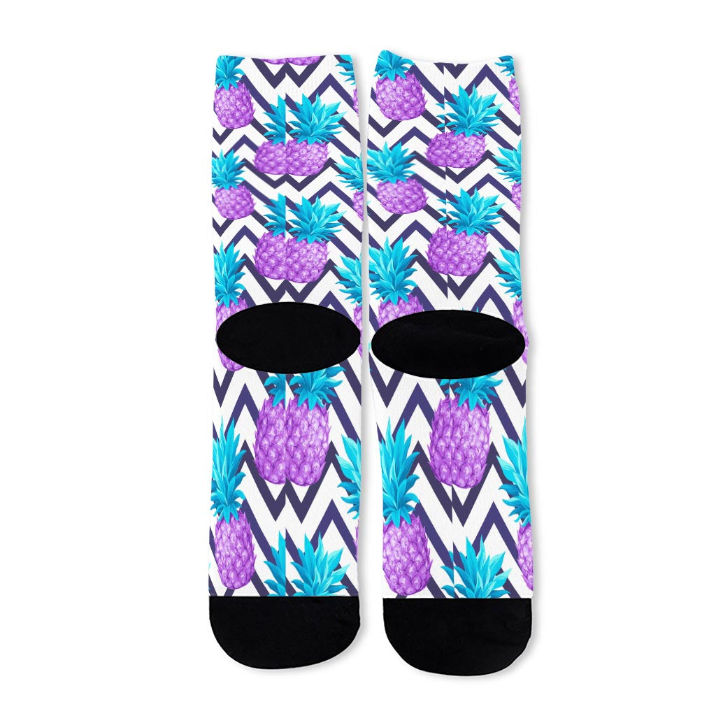 Purple Zig Zag Pineapple Pattern Print Long Socks