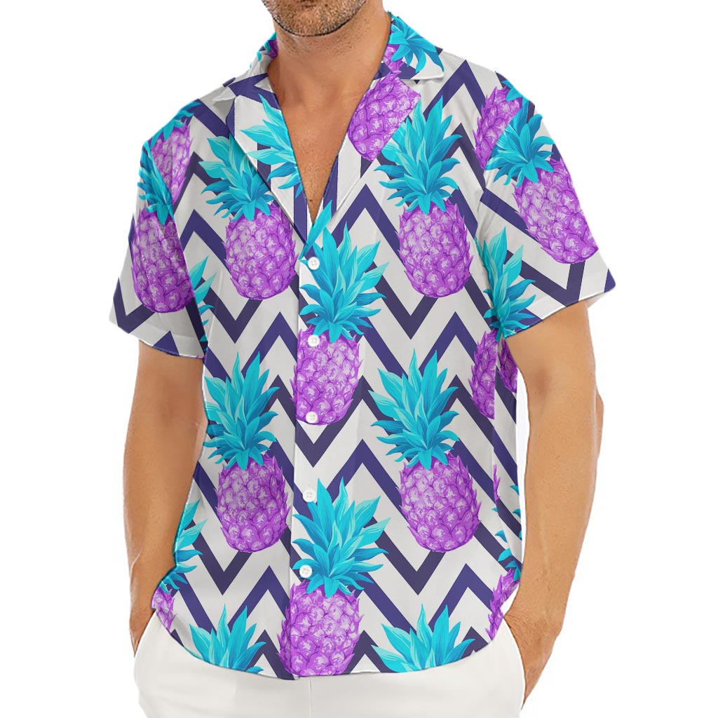 Purple Zig Zag Pineapple Pattern Print Men's Deep V-Neck Shirt